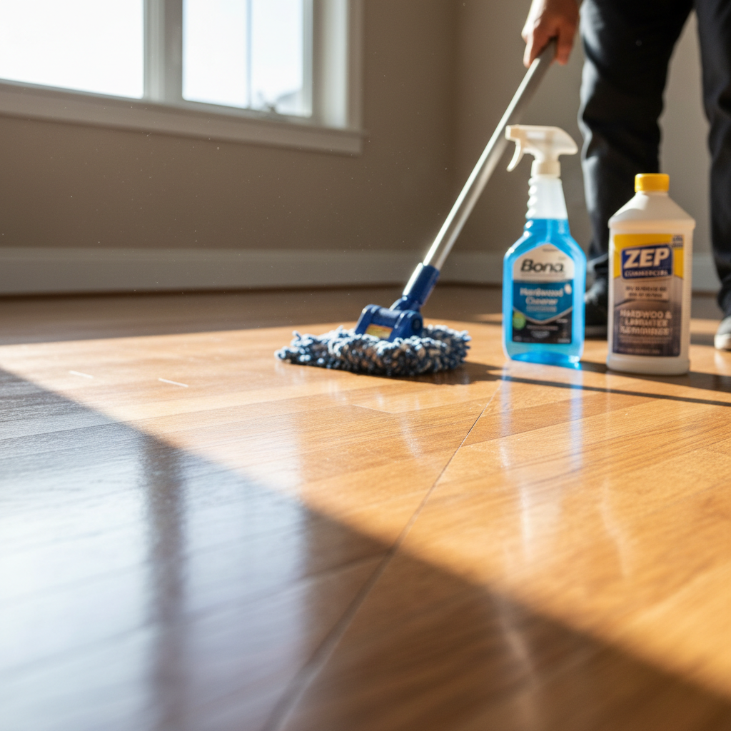 A hardwood floor mid-restoration, showing a stark contrast between the dull, untreated side and the glossy, freshly sealed side.