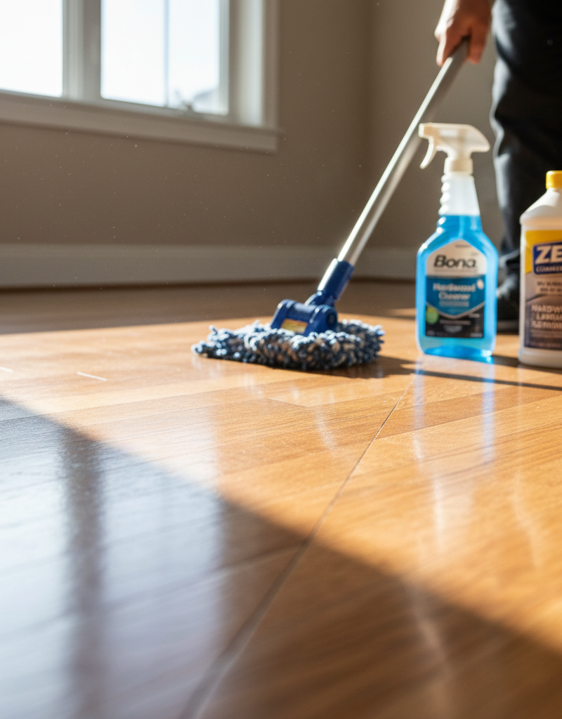 A hardwood floor mid-restoration, showing a stark contrast between the dull, untreated side and the glossy, freshly sealed side.