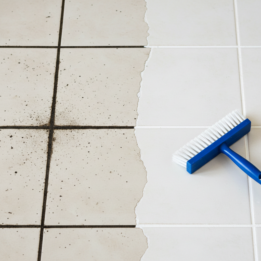 A split image of a tile floor, demonstrating the powerful cleaning effect on black grout, which is now perfectly white.