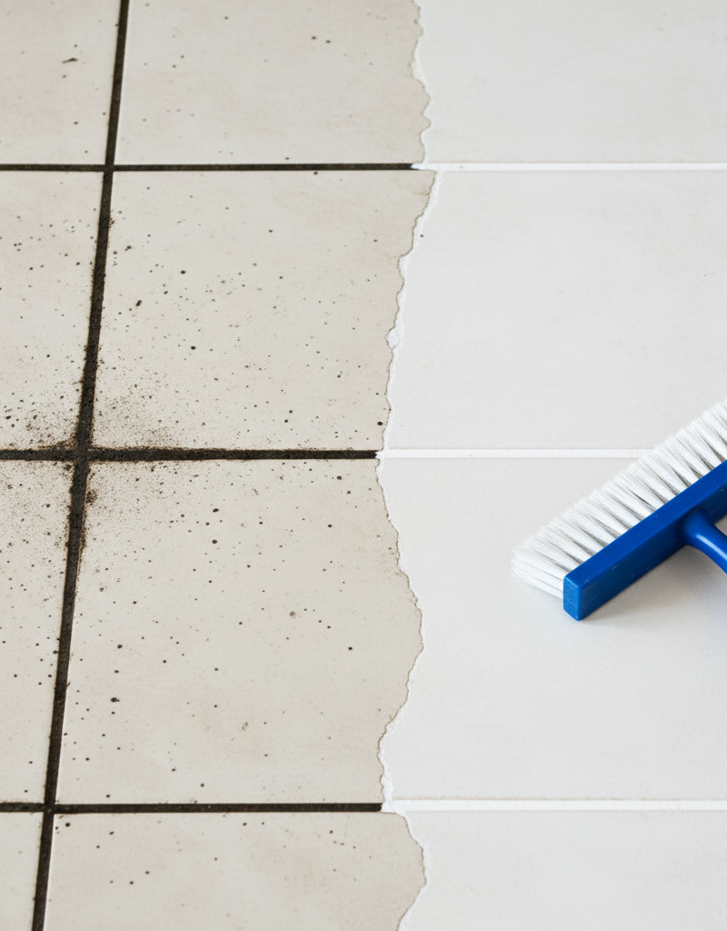 A split image of a tile floor, demonstrating the powerful cleaning effect on black grout, which is now perfectly white.