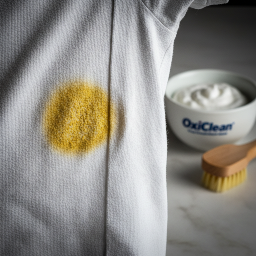 A before-and-after image of a yellow armpit stain on a white shirt being cleaned with a stain removing paste.