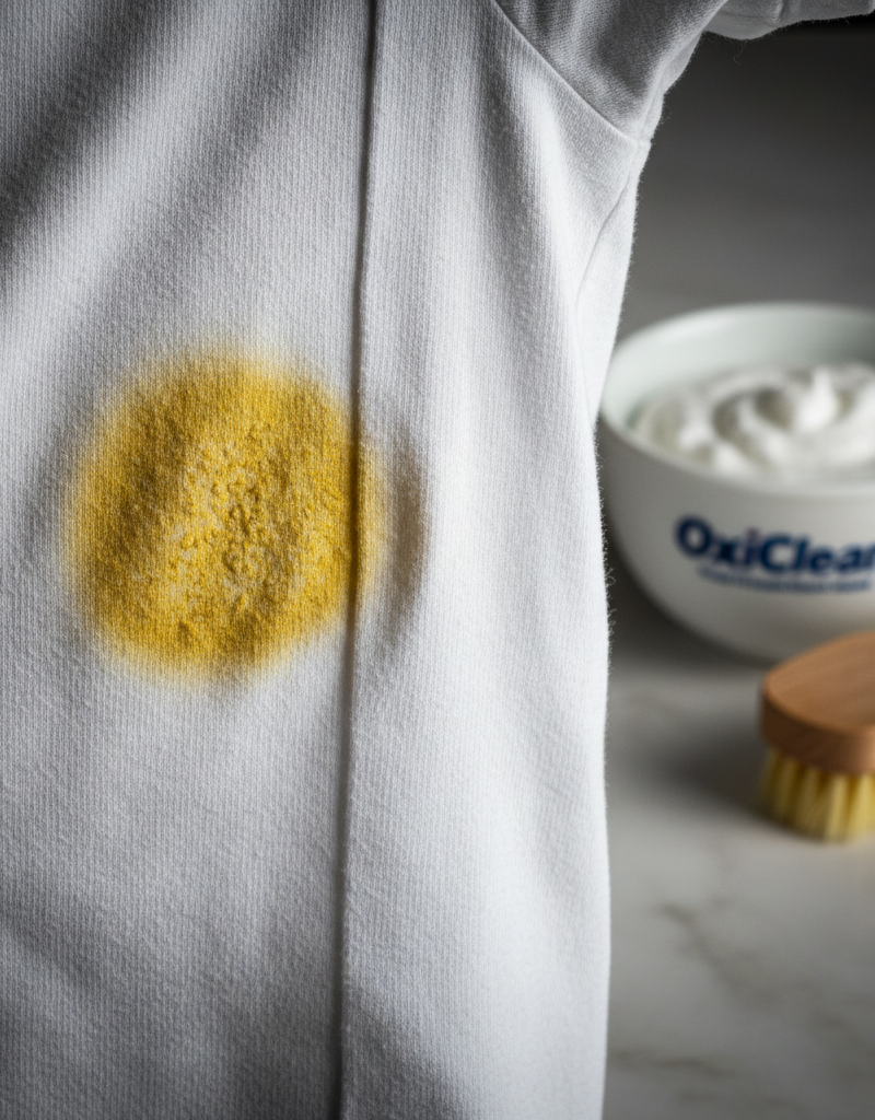 A before-and-after image of a yellow armpit stain on a white shirt being cleaned with a stain removing paste.