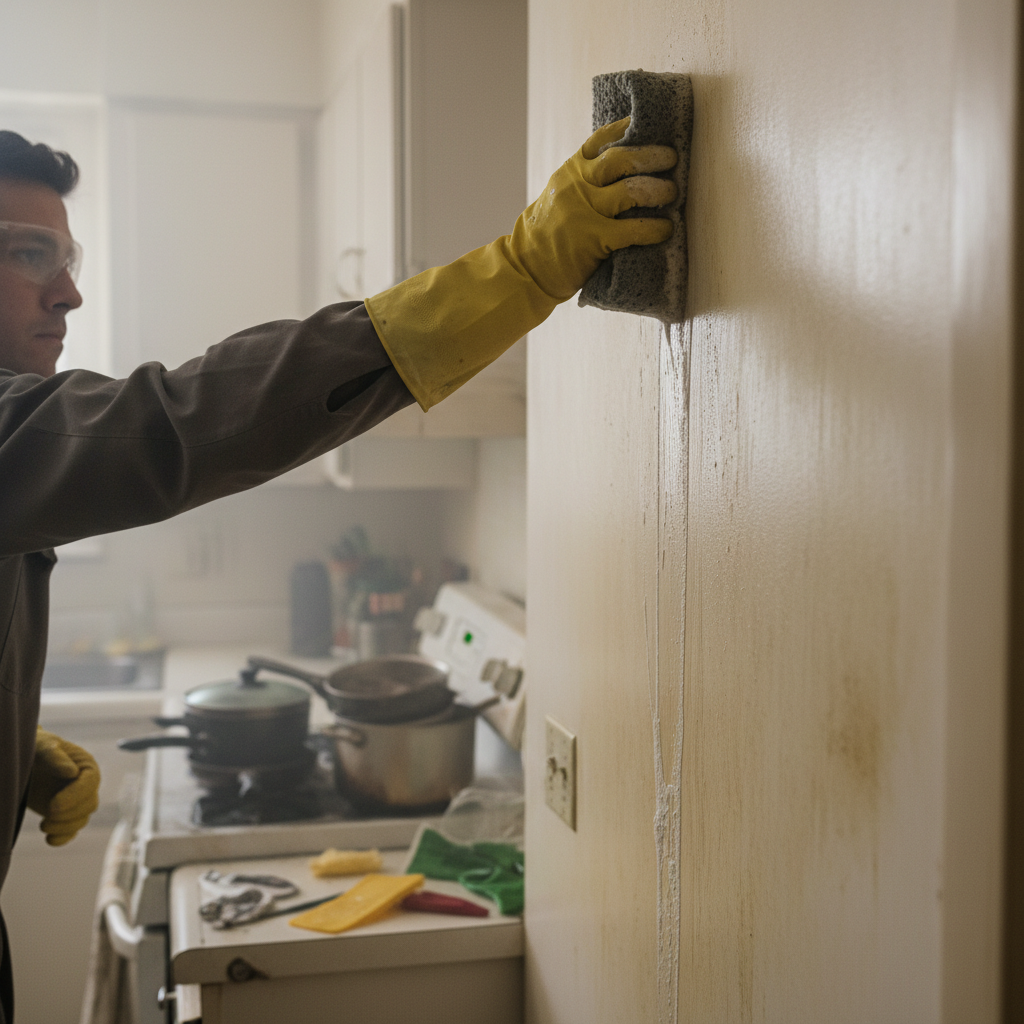 A homeowner carefully cleaning soot off a wall after a kitchen fire.