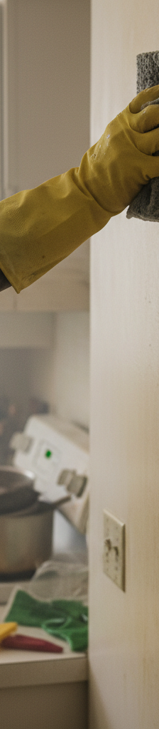 A homeowner carefully cleaning soot off a wall after a kitchen fire.