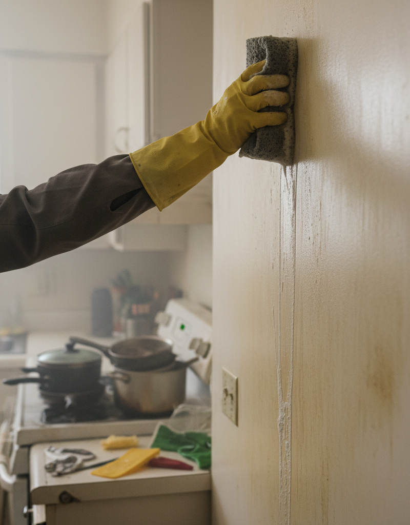 A homeowner carefully cleaning soot off a wall after a kitchen fire.