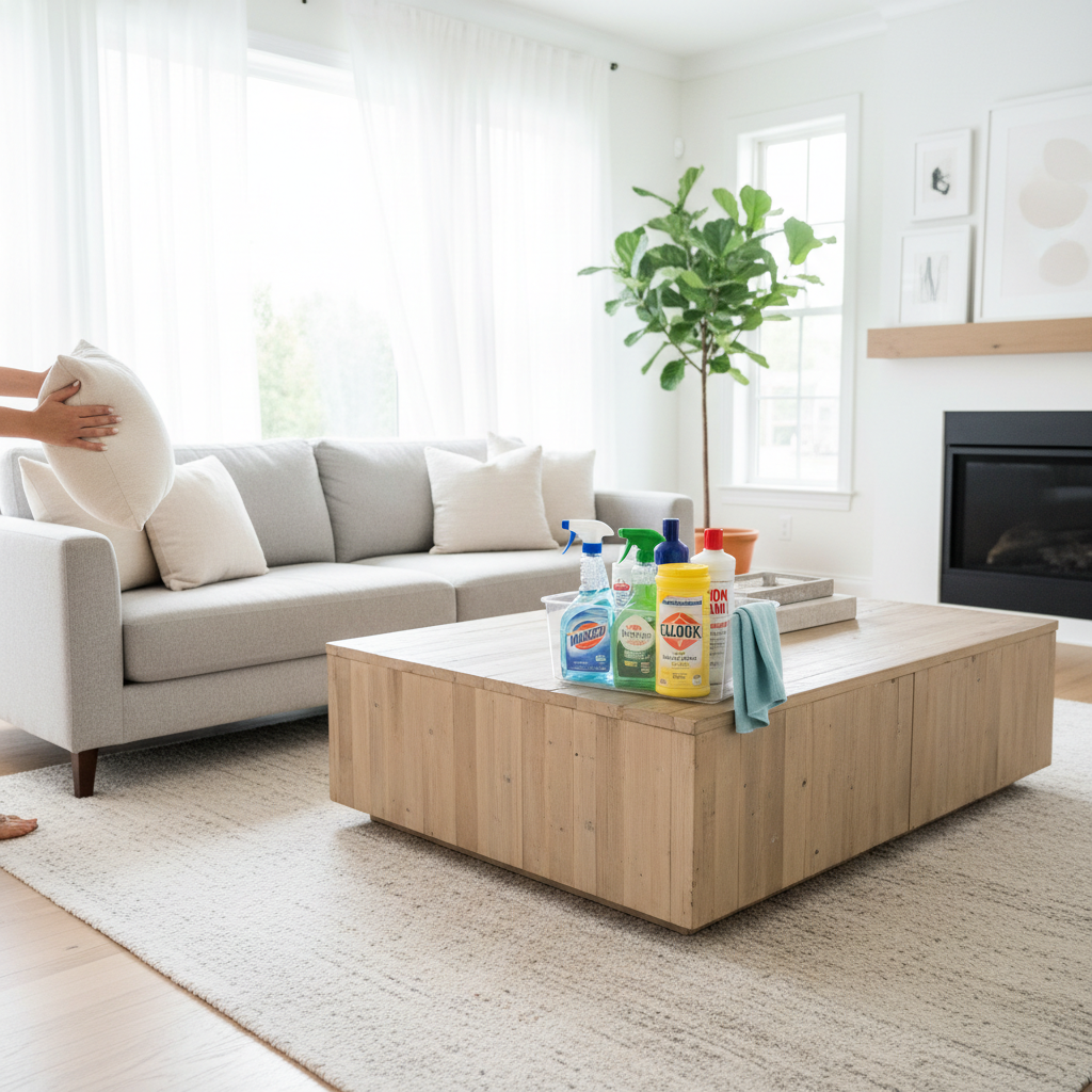 A person completing the final touches of a daily cleaning reset in a tidy living room.