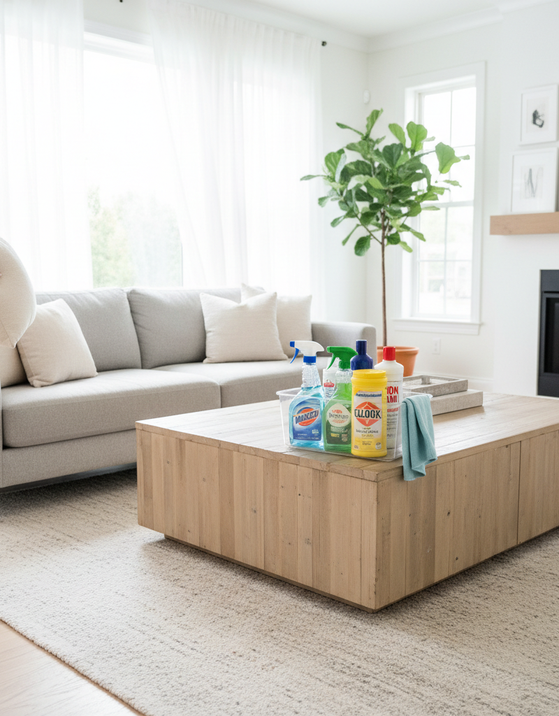 A person completing the final touches of a daily cleaning reset in a tidy living room.