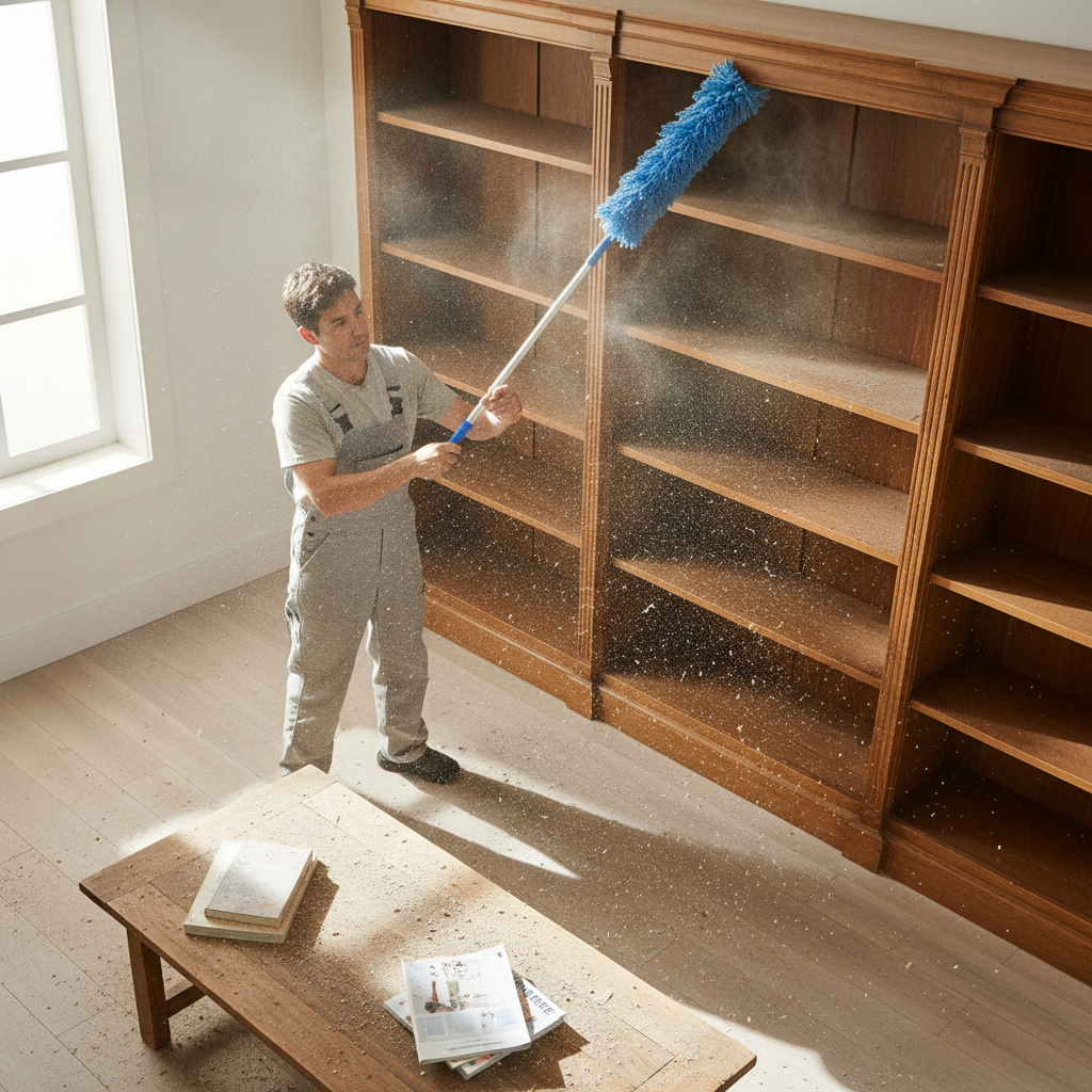 A person dusting a high shelf, with dust particles visibly falling onto the furniture below, demonstrating the top-to-bottom cleaning method.