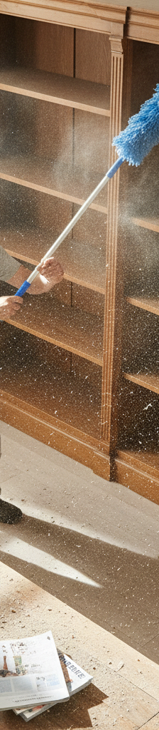 A person dusting a high shelf, with dust particles visibly falling onto the furniture below, demonstrating the top-to-bottom cleaning method.
