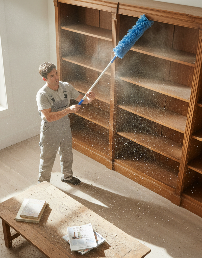 A person dusting a high shelf, with dust particles visibly falling onto the furniture below, demonstrating the top-to-bottom cleaning method.