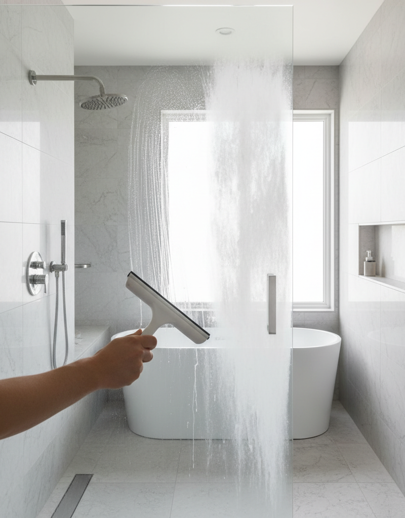 A side-by-side comparison of a clean, transparent glass shower door next to a dirty, cloudy one, demonstrating the effects of cleaning hard water stains.