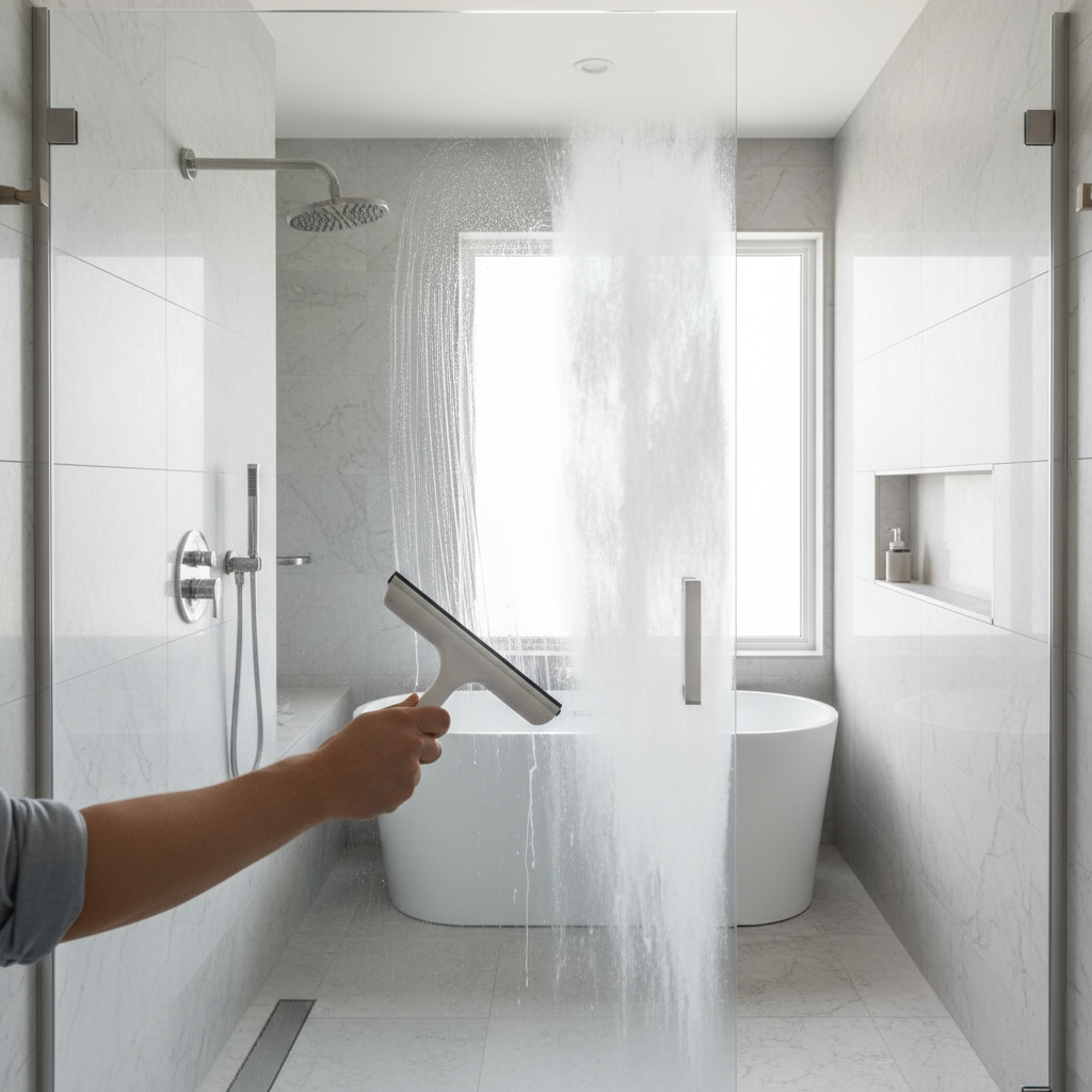 A side-by-side comparison of a clean, transparent glass shower door next to a dirty, cloudy one, demonstrating the effects of cleaning hard water stains.