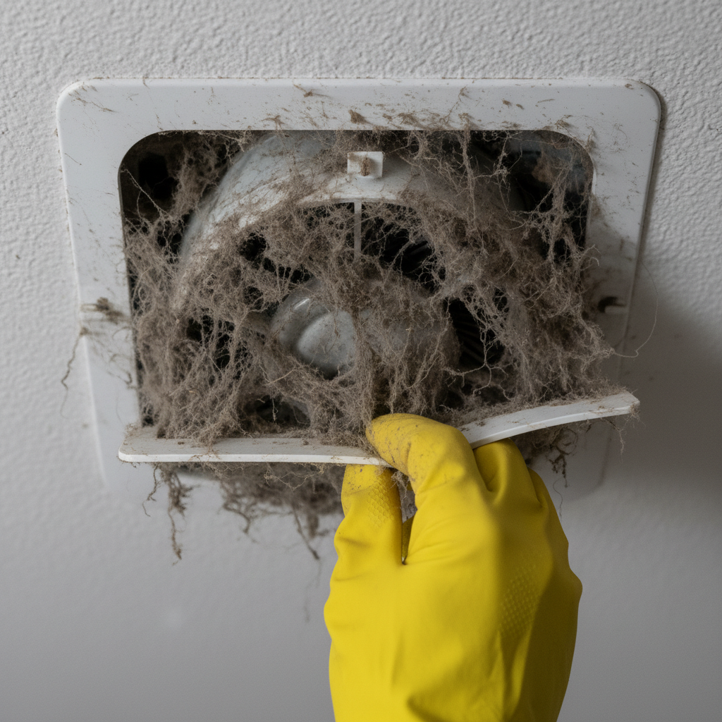 A person wearing a protective glove beginning to remove the extremely dusty and dirty cover of a ceiling-mounted bathroom exhaust fan.