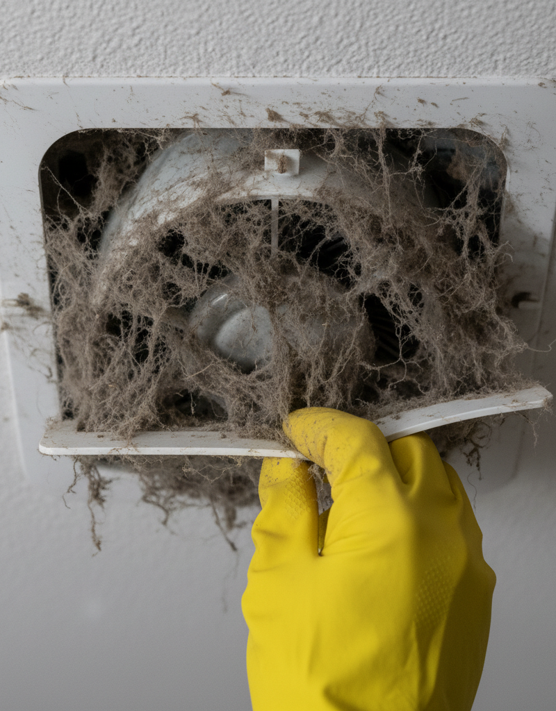 A person wearing a protective glove beginning to remove the extremely dusty and dirty cover of a ceiling-mounted bathroom exhaust fan.