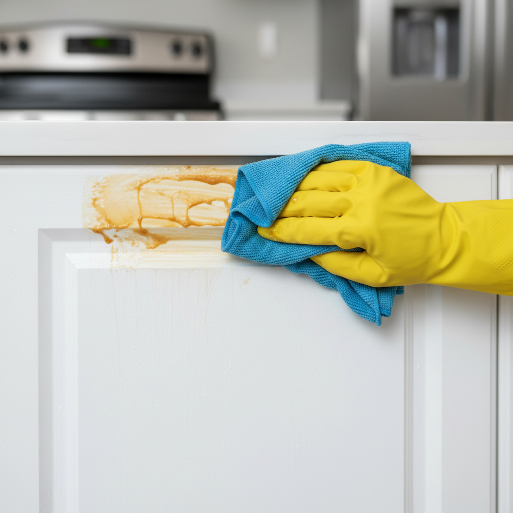 A close-up of a greasy painted kitchen cabinet being cleaned, showing a stark contrast between the dirty and clean sections.