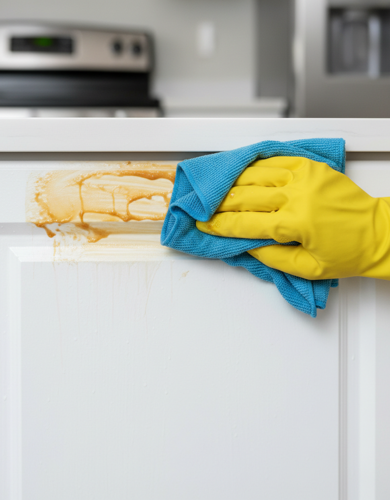 A close-up of a greasy painted kitchen cabinet being cleaned, showing a stark contrast between the dirty and clean sections.