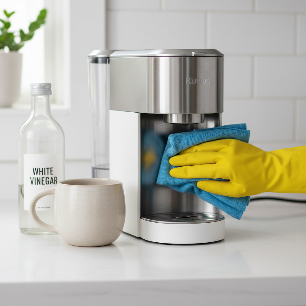 A person wearing yellow gloves cleaning a black single-serve coffee maker.