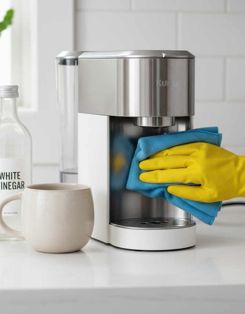 A person wearing yellow gloves cleaning a black single-serve coffee maker.