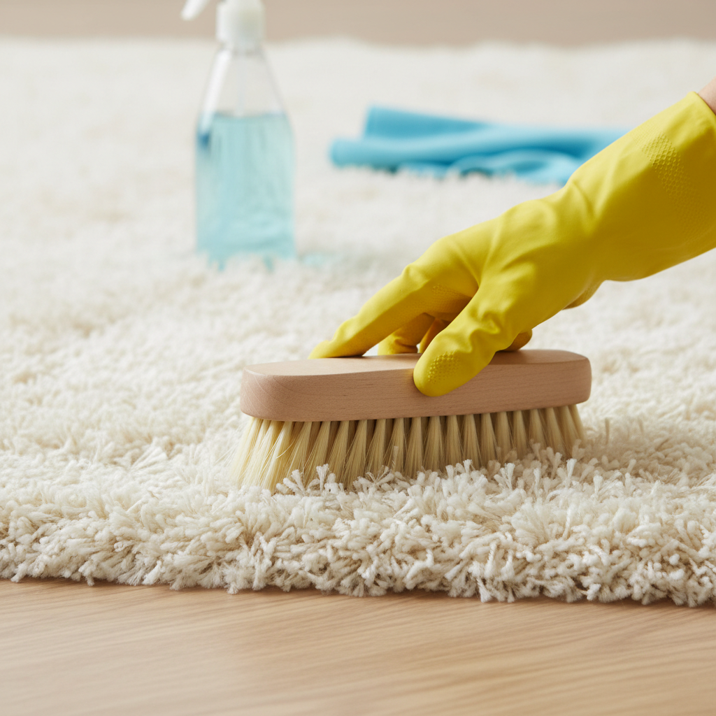 Cleaning a high-pile shag area rug by hand with a brush and cleaning solution.