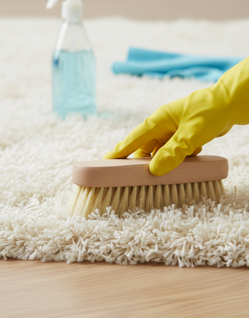 Cleaning a high-pile shag area rug by hand with a brush and cleaning solution.