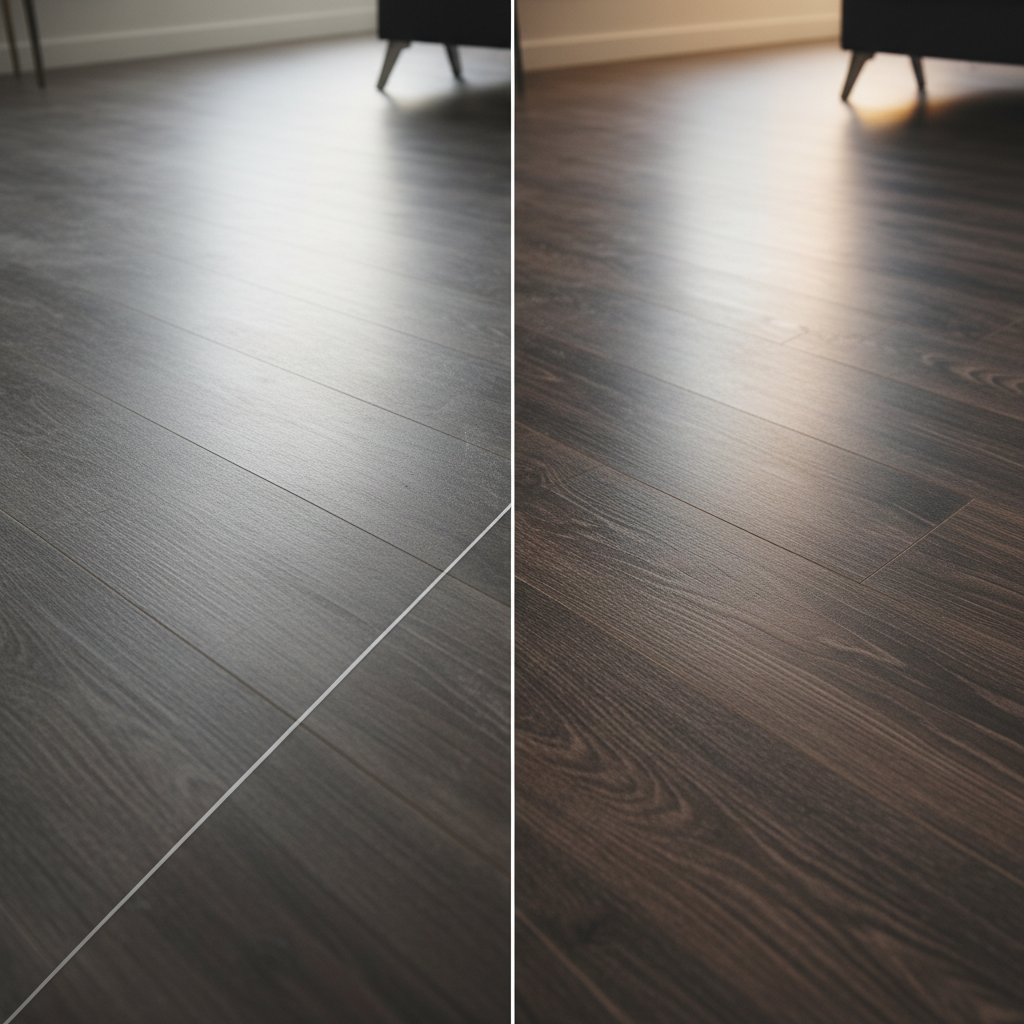A split image showing a cloudy, hazy luxury vinyl plank floor on one side and a perfectly clean, matte-finish floor on the other side after cleaning.