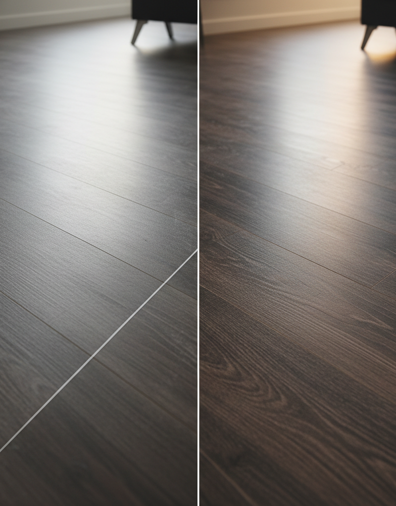 A split image showing a cloudy, hazy luxury vinyl plank floor on one side and a perfectly clean, matte-finish floor on the other side after cleaning.