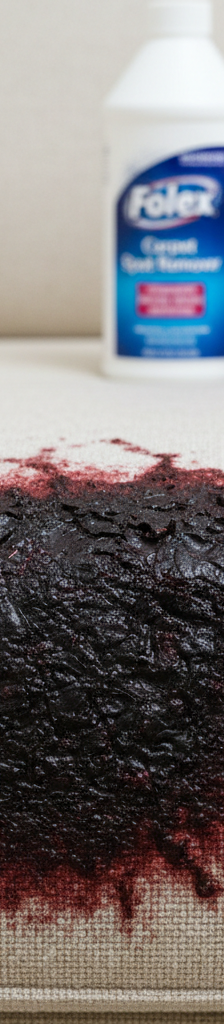 A close-up of a daunting dried red wine stain on a light-colored fabric couch, with cleaning products visible in the background, ready for the task.