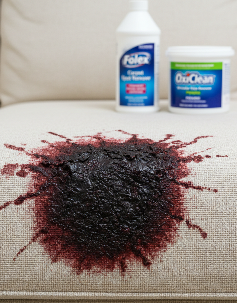 A close-up of a daunting dried red wine stain on a light-colored fabric couch, with cleaning products visible in the background, ready for the task.
