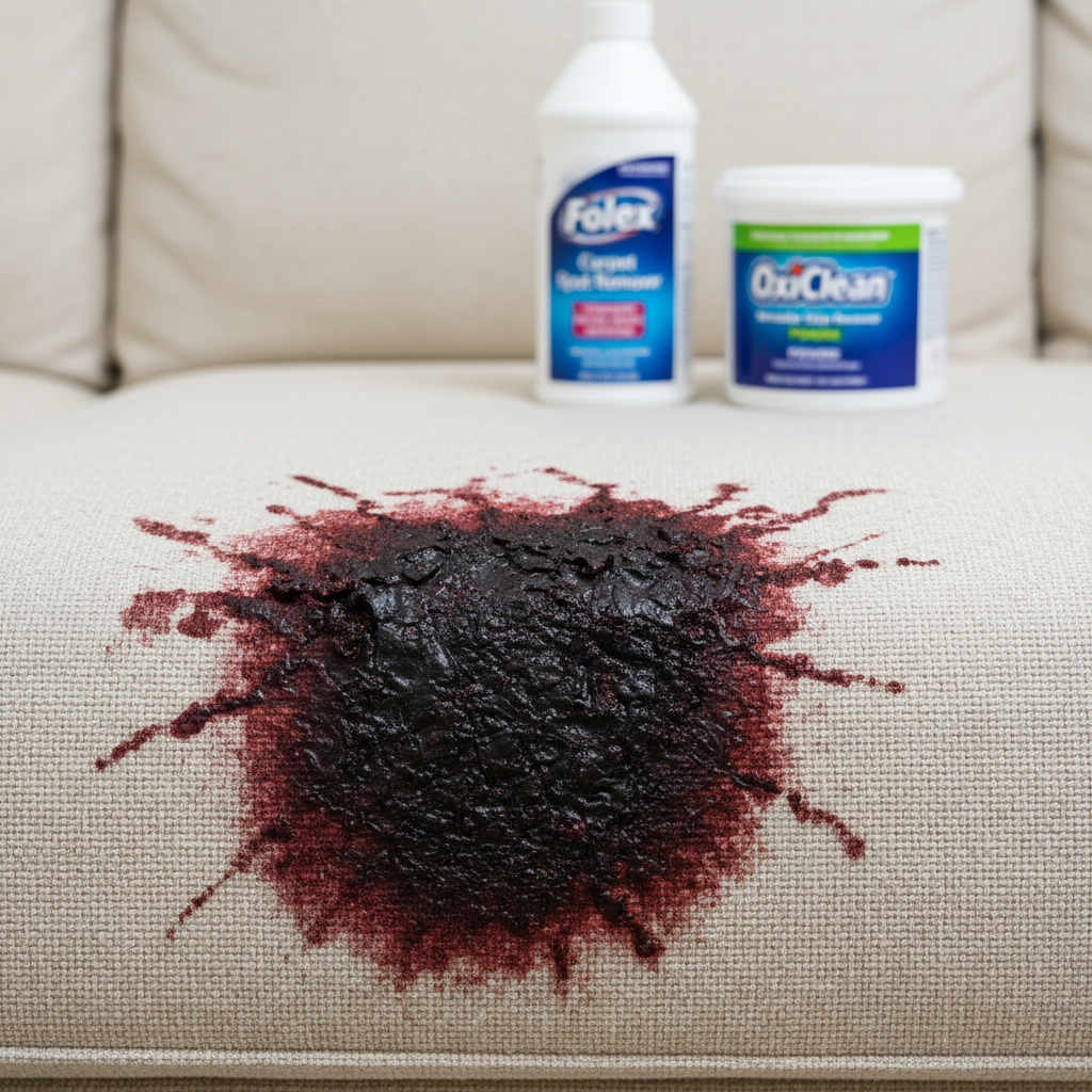 A close-up of a daunting dried red wine stain on a light-colored fabric couch, with cleaning products visible in the background, ready for the task.