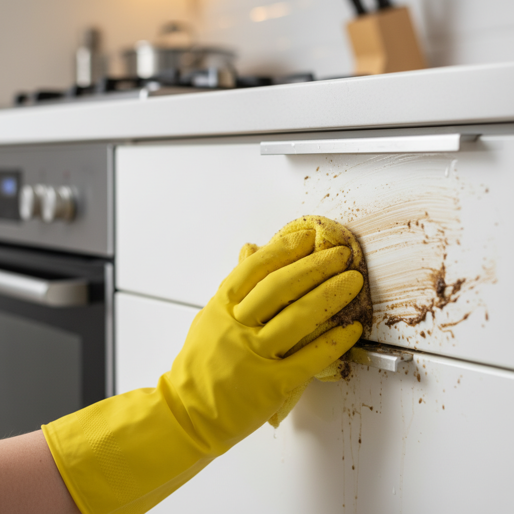 A close-up of a person deep cleaning a greasy kitchen cabinet, showing a dramatic before-and-after effect.
