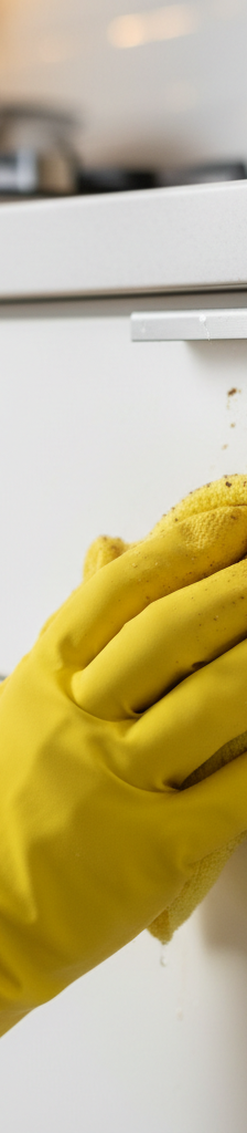 A close-up of a person deep cleaning a greasy kitchen cabinet, showing a dramatic before-and-after effect.