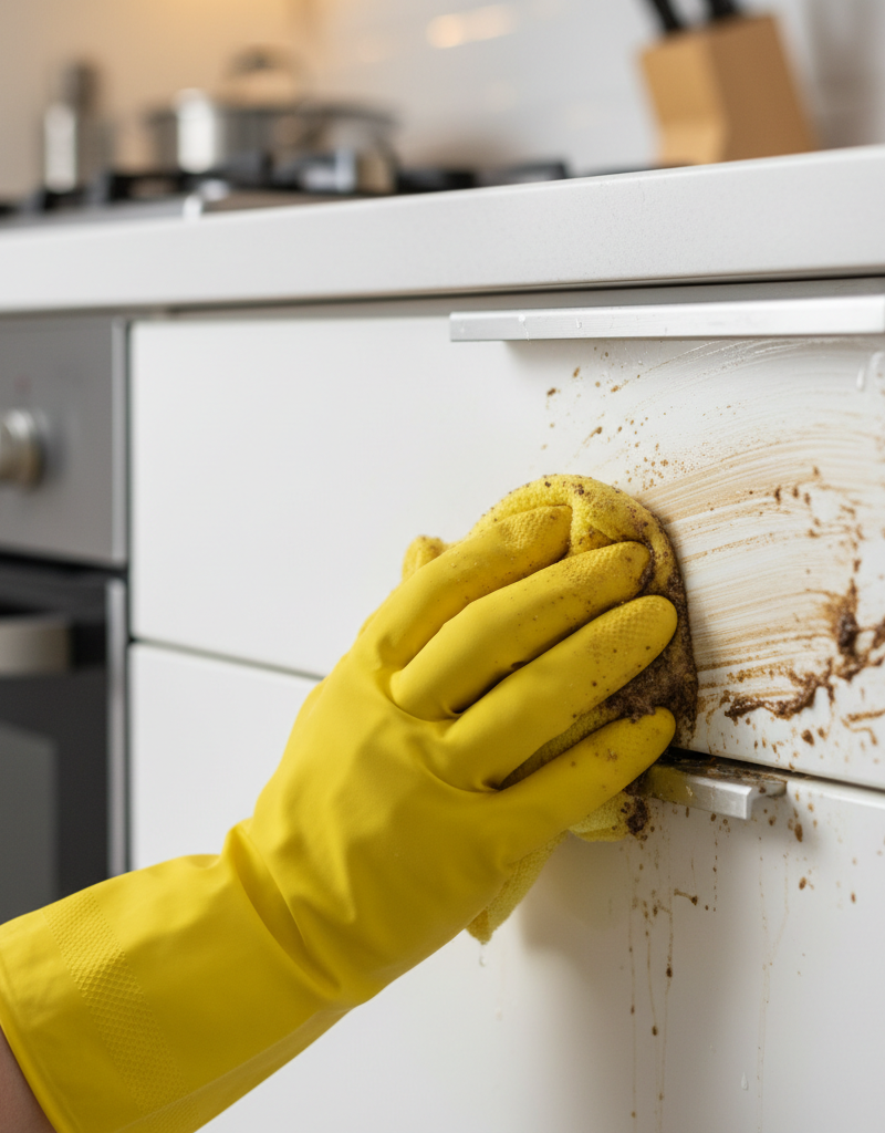 A close-up of a person deep cleaning a greasy kitchen cabinet, showing a dramatic before-and-after effect.