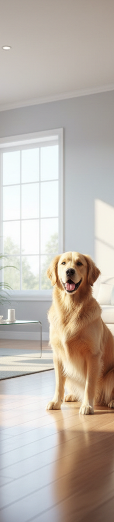 A sunlit, pristine living room with a happy dog, demonstrating a clean, allergy-friendly home.