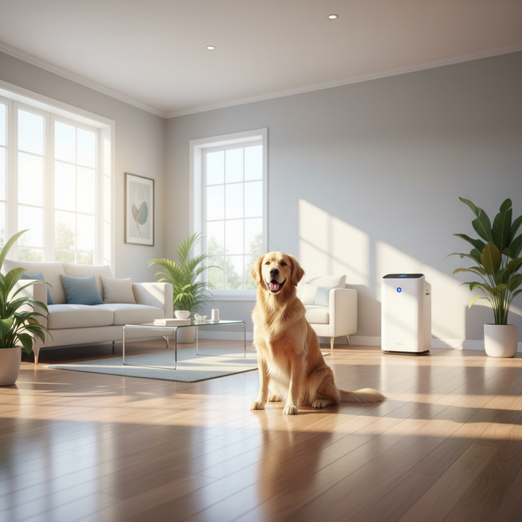 A sunlit, pristine living room with a happy dog, demonstrating a clean, allergy-friendly home.