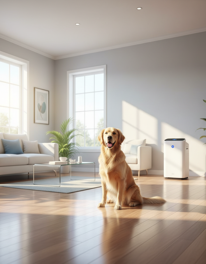 A sunlit, pristine living room with a happy dog, demonstrating a clean, allergy-friendly home.