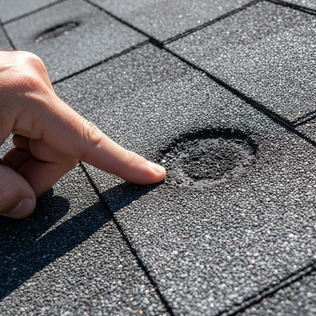 A close-up of a hail-damaged asphalt roof shingle in Plano, Texas, showing the dark, bruised spot where hailstones have knocked away the protective granules.