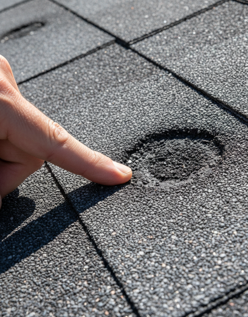 A close-up of a hail-damaged asphalt roof shingle in Plano, Texas, showing the dark, bruised spot where hailstones have knocked away the protective granules.