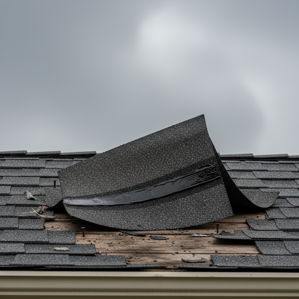 Close-up of a damaged section of a roof in Fort Worth, showing missing and lifted asphalt shingles after a wind storm.