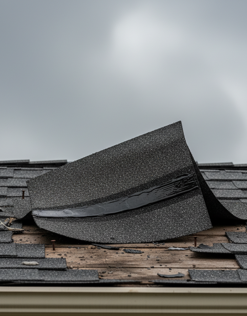 Close-up of a damaged section of a roof in Fort Worth, showing missing and lifted asphalt shingles after a wind storm.