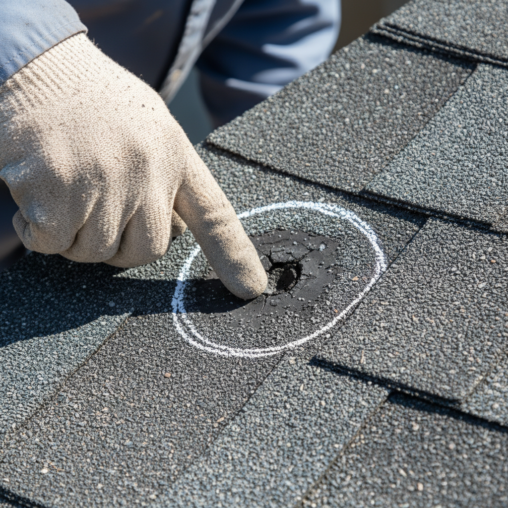 A close-up of a hail-damaged asphalt shingle, with a chalk mark highlighting the bruise and granule loss, indicating the need for a roof inspection in Frisco.