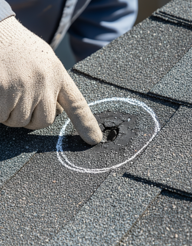 A close-up of a hail-damaged asphalt shingle, with a chalk mark highlighting the bruise and granule loss, indicating the need for a roof inspection in Frisco.