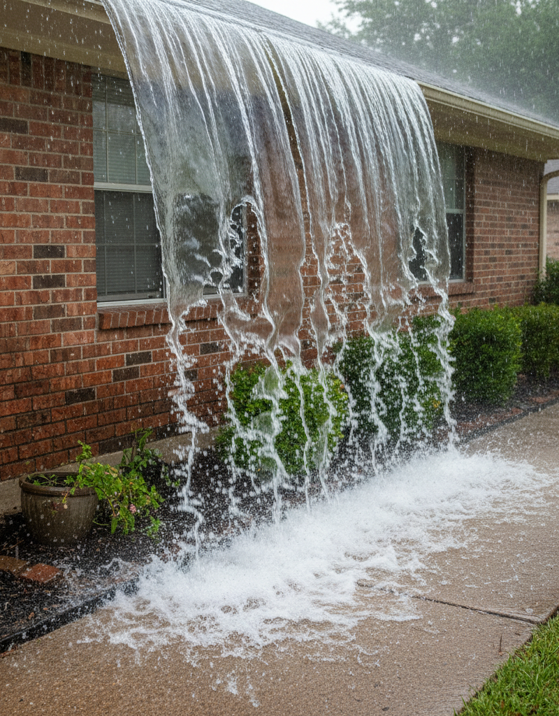 An overflowing gutter on a brick home in Arlington, Texas, demonstrating the failure of the system during a heavy rainstorm.