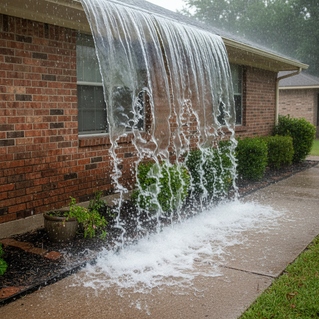 An overflowing gutter on a brick home in Arlington, Texas, demonstrating the failure of the system during a heavy rainstorm.