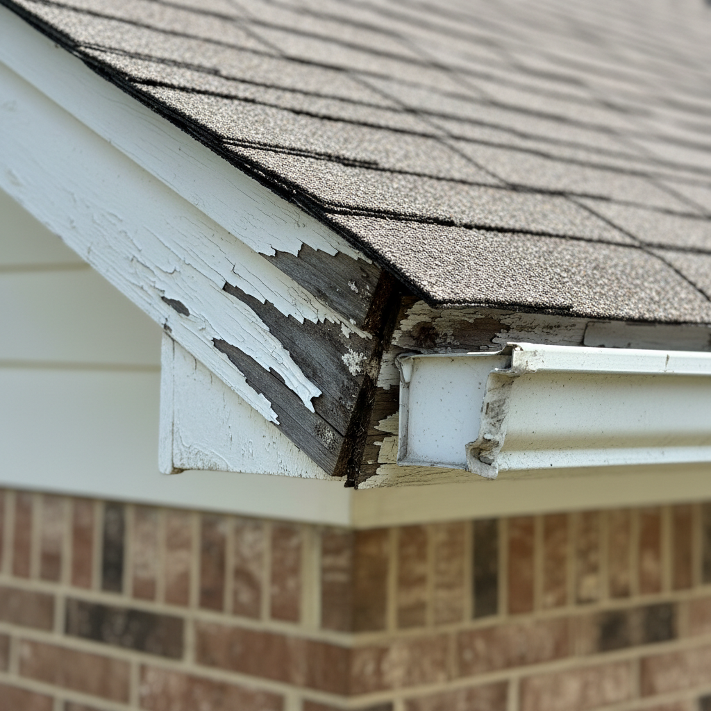 Close-up of rotted fascia board on an Irving, TX home, showing the effects of a missing drip edge.
