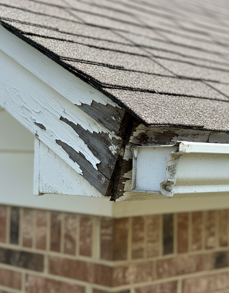 Close-up of rotted fascia board on an Irving, TX home, showing the effects of a missing drip edge.