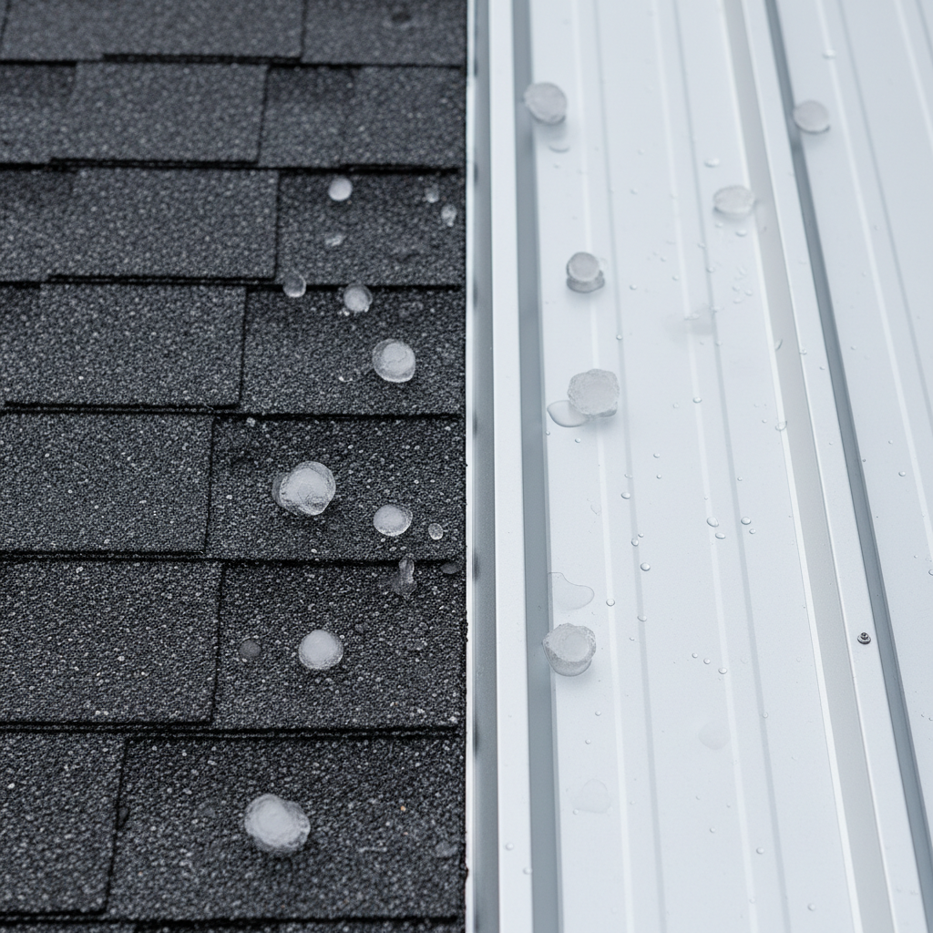 A side-by-side comparison of a hail-dented metal roof panel and a hail-bruised asphalt shingle, illustrating roofing choices for McKinney homeowners.