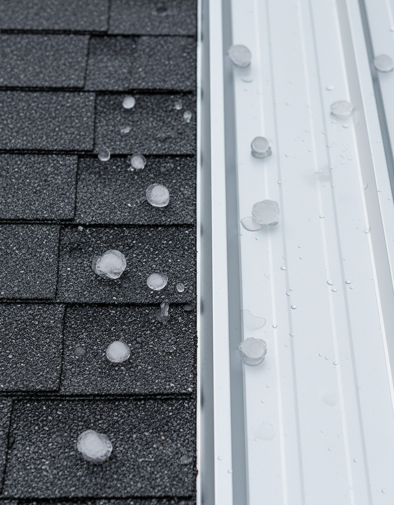 A side-by-side comparison of a hail-dented metal roof panel and a hail-bruised asphalt shingle, illustrating roofing choices for McKinney homeowners.