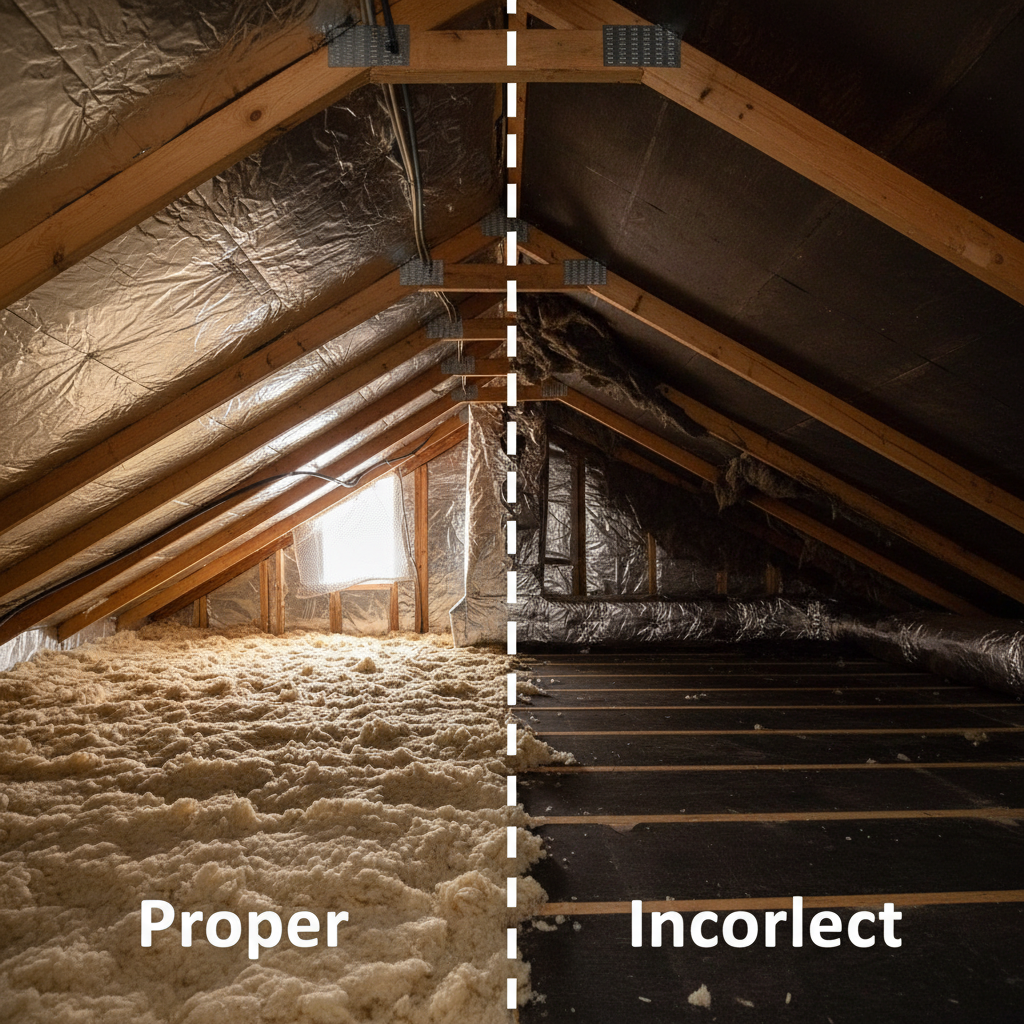 A cutaway view of a Dallas attic showing the correct installation of a radiant barrier and ventilation.