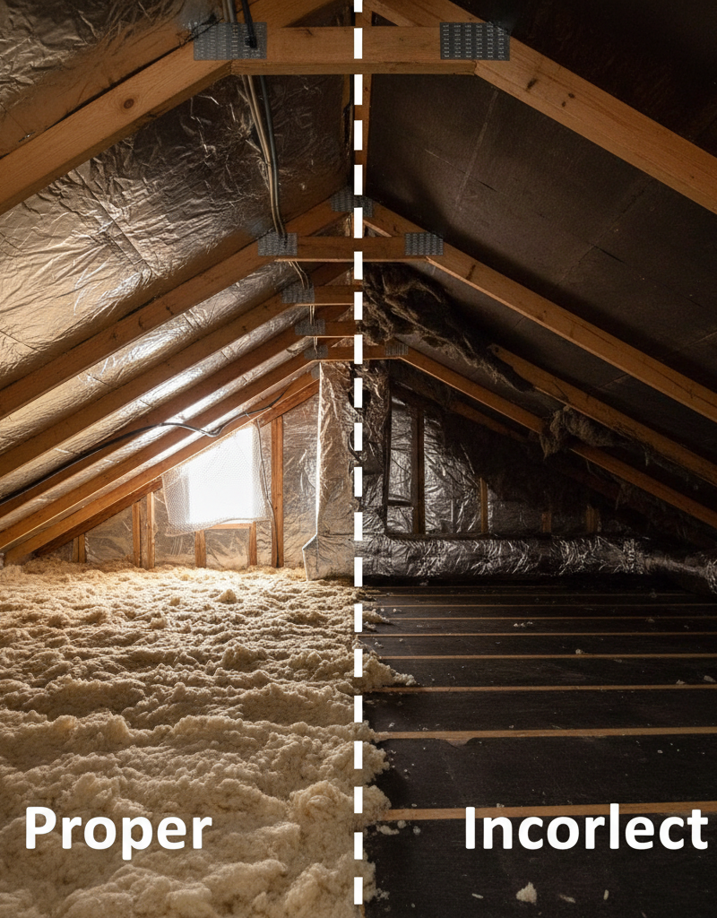 A cutaway view of a Dallas attic showing the correct installation of a radiant barrier and ventilation.