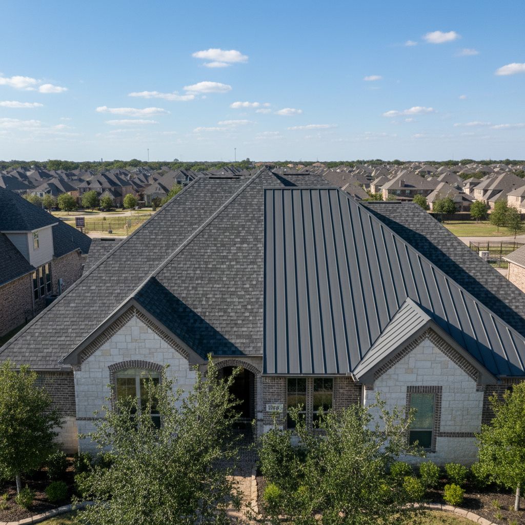 A side-by-side comparison of a modern charcoal gray standing seam metal roof and a dark gray architectural asphalt shingle roof on a home in McKinney, Texas.